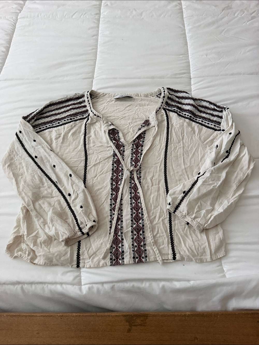 Cathy Jean Cream Boho Tunic with Black & Burgundy Embroidery